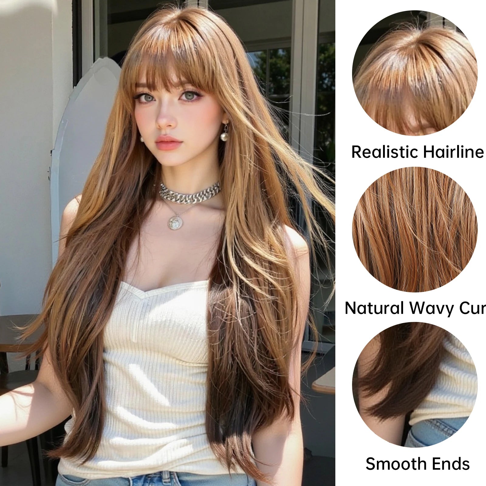 Honey Brown Highlight Layered Synthetic Wigs With Bangs Super Long Straight  Wig For Women Cosplay Natural Daily  Heat Resistant