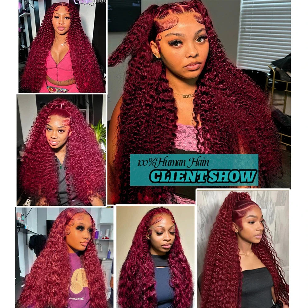 99J Burgundy 13x6 Hd Lace Frontal Human Hair Wig 30inch Red Colored Curly Wigs 13x4 Transparent Lace Water Deep Wave Frontal Wig