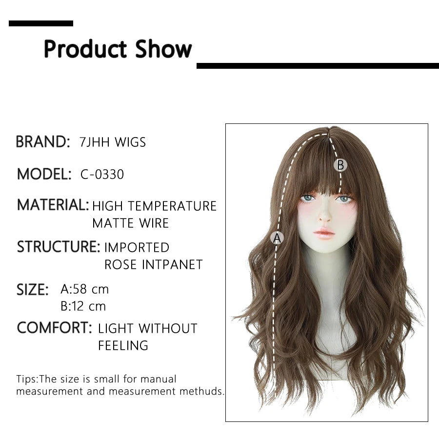 7JHH WIGS Popular Brown Ash Long Deep Wave Hair Lolita Wigs With Bangs Synthetic Wig For Women Fashion Thick Curls Wigs Girl