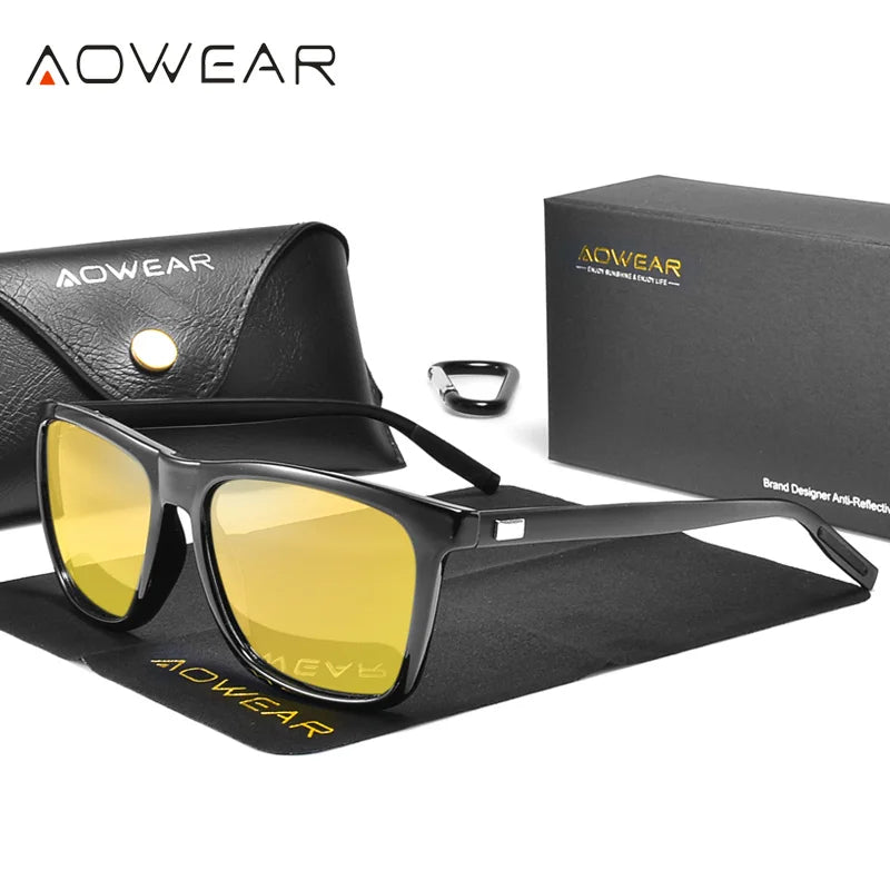 AOWEAR HD Polarized Anti Glare Night Vision Glasses for Driving Nighttime Driver Goggles Yellow Sunglasses for Men / Women Gafas