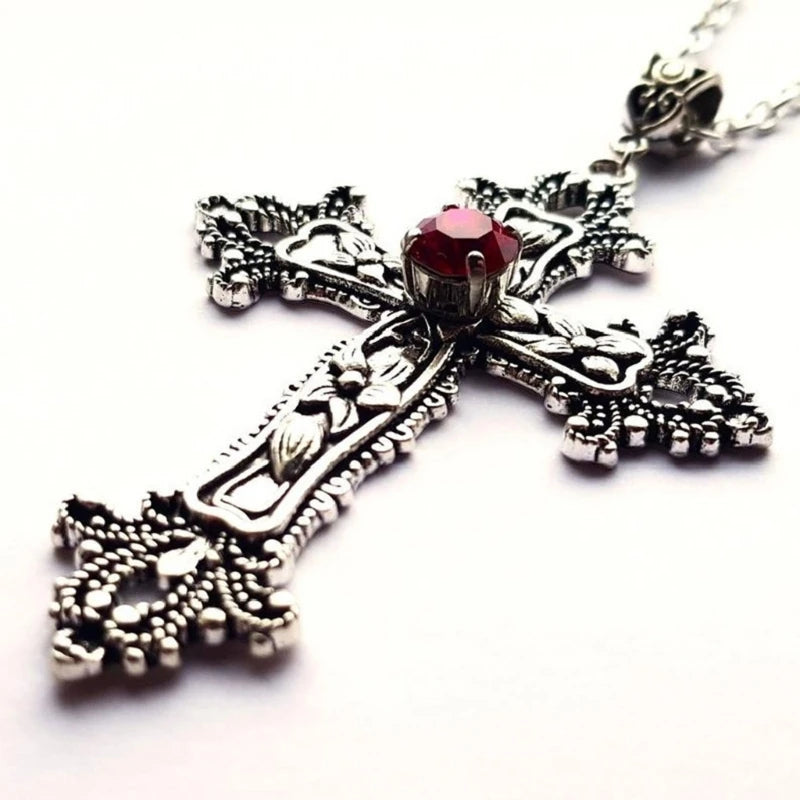 Large Detailed Cross Drill Pendant Necklace Silver Color Tone Gothic Punk Jewellery Fashion Charm Statement Women Gift