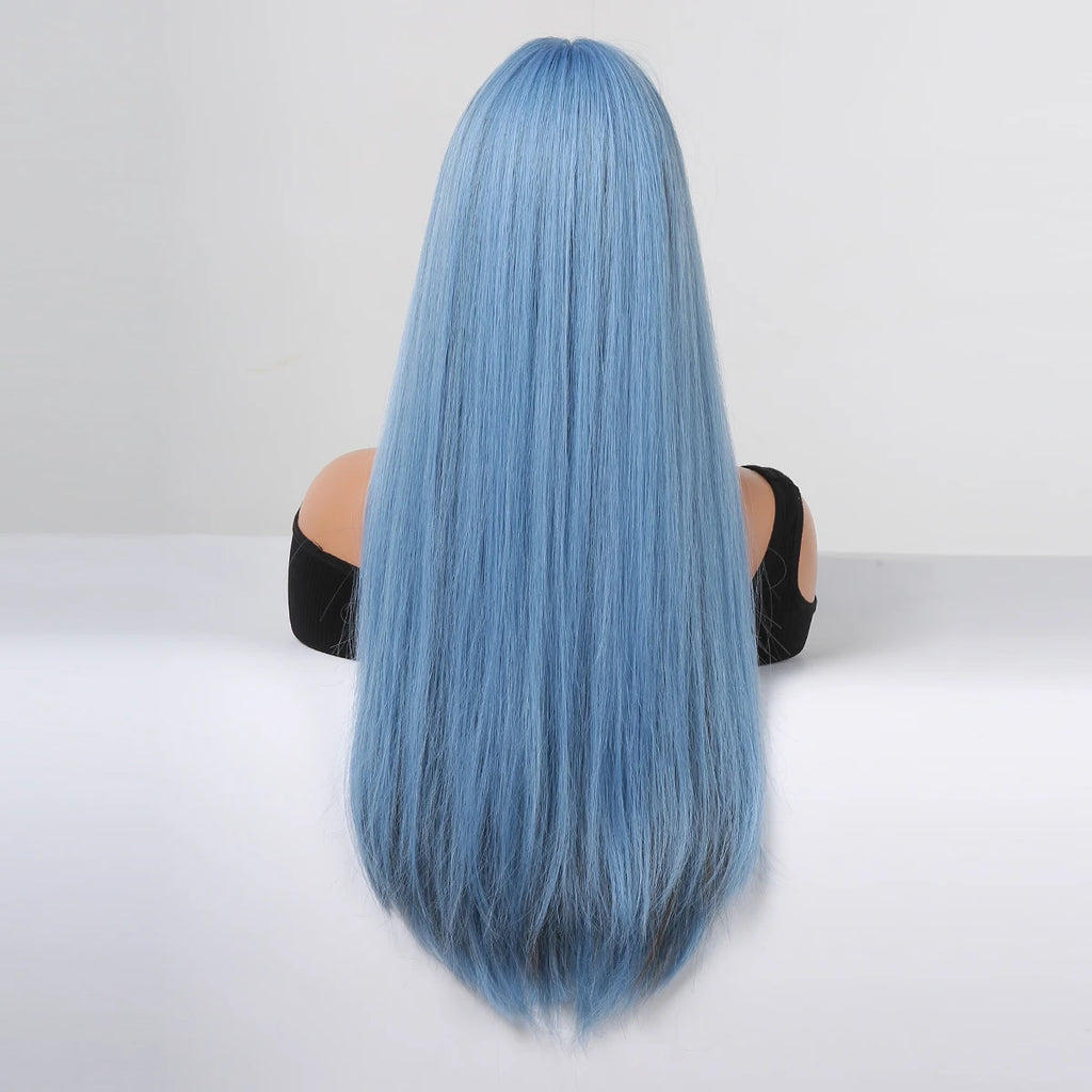 Blue with Grey Highlight Long Straight Synthetic Wigs with Bangs Cosplay Hairs Wig for Women Daily Natural Heat Resistant