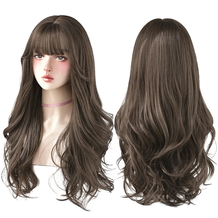 7JHH WIGS Popular Brown Ash Long Deep Wave Hair Lolita Wigs With Bangs Synthetic Wig For Women Fashion Thick Curls Wigs Girl