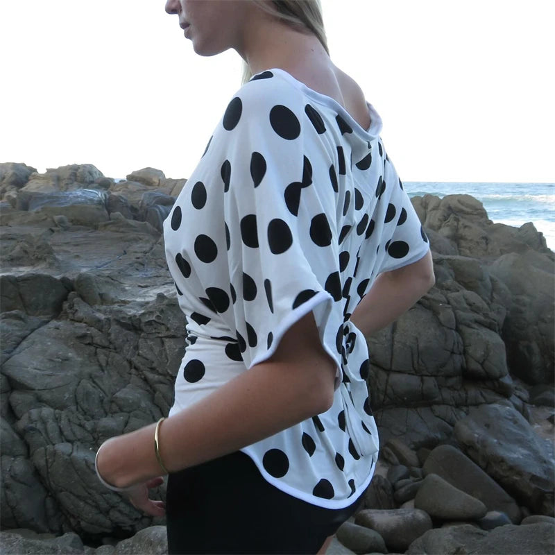 Absobe Polka Dot One-Shoulder Short Sleeve Top For Women Back Lace-up Waist Slim Fit T-Shirt Y2K Hot Girl Casual Tee Streetwear