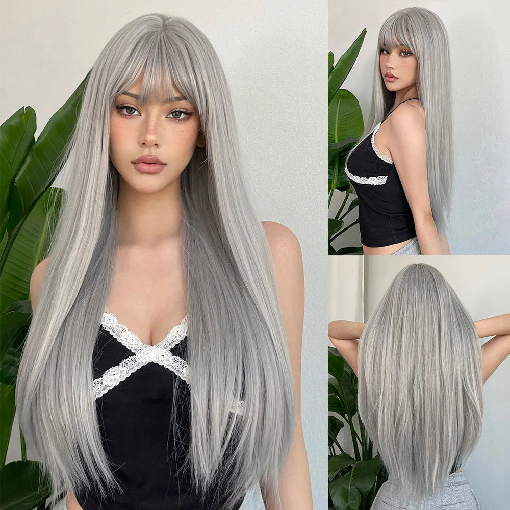 HENRY MARGU White Long Straight Synthetic Wigs for Women Colorful Cosplay Party Fake Hair with Bangs White Wig HighTemperature