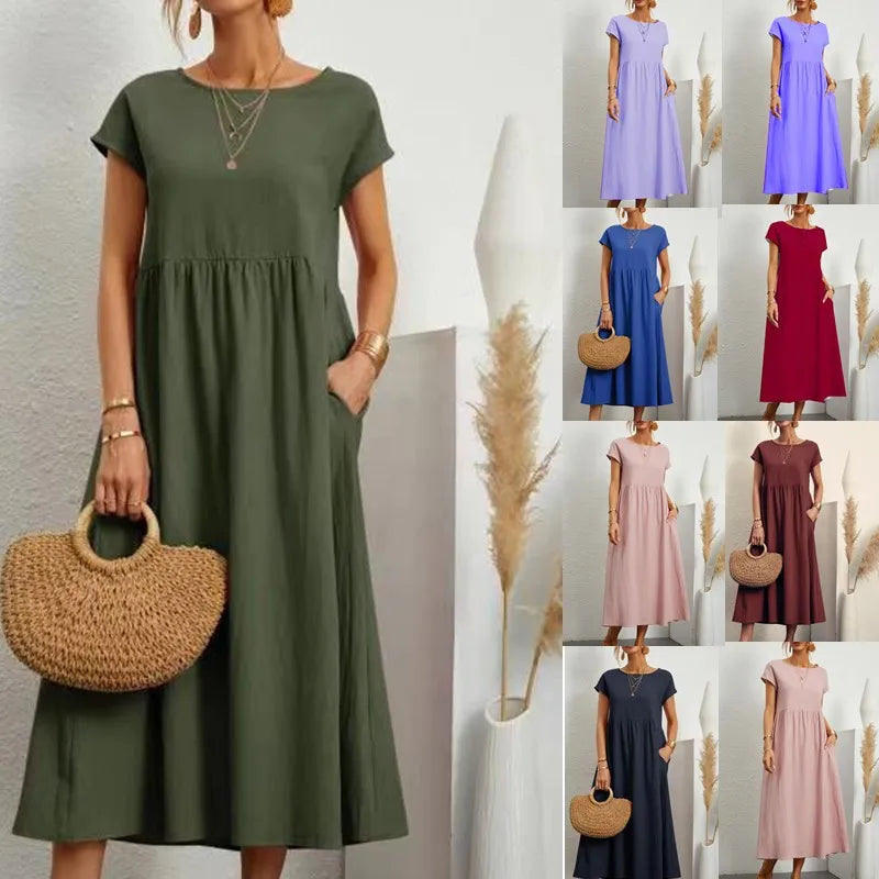 Women Vintage Solid Dress 2025 Summer Elegant O Neck Short Sleeve Cotton Linen Dresses Female Casual Loose Sundress Long Dress