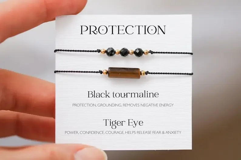 Protection Bracelet Set, Black Tourmaline and Tiger Eye Stone Fine Handmade Silk Bracelet, Energy Shield, Protection Amulet