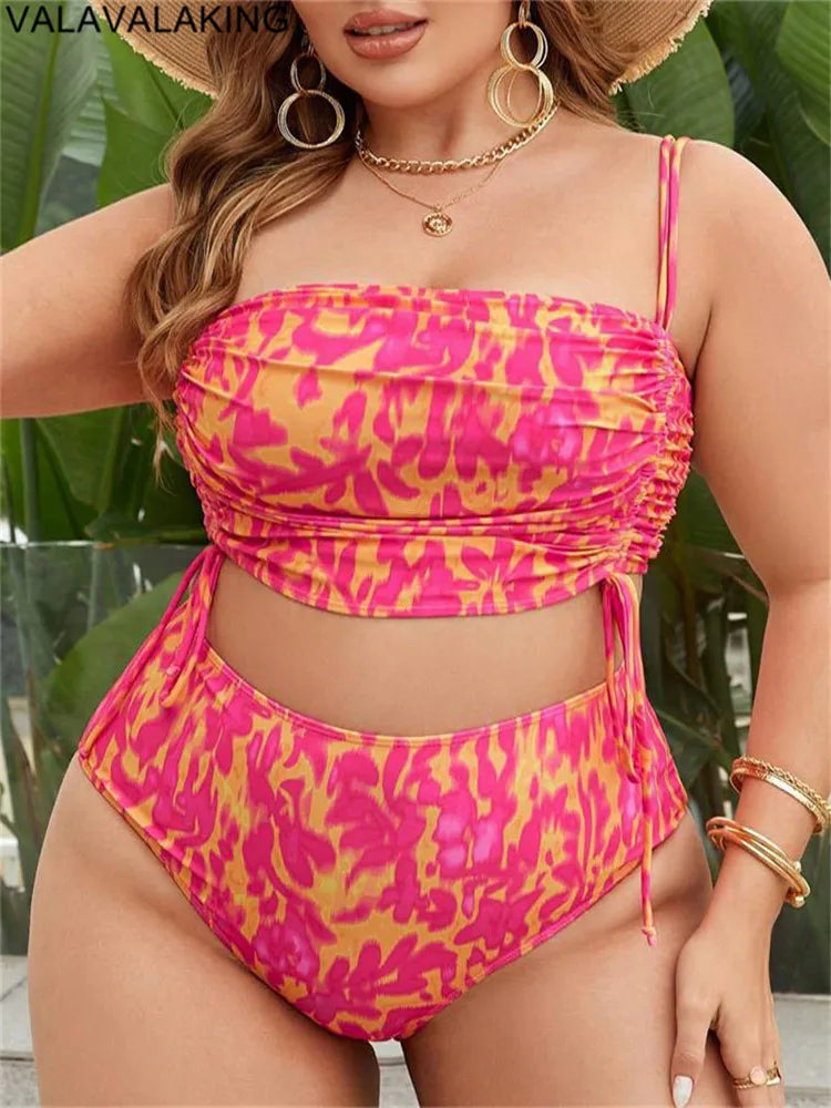 2025 Print Two Piece Plus Size Bikini Women Strapped Large Swimsuit High Waist Lady Chubby Swimwear Beach Curvy Bathing Suit