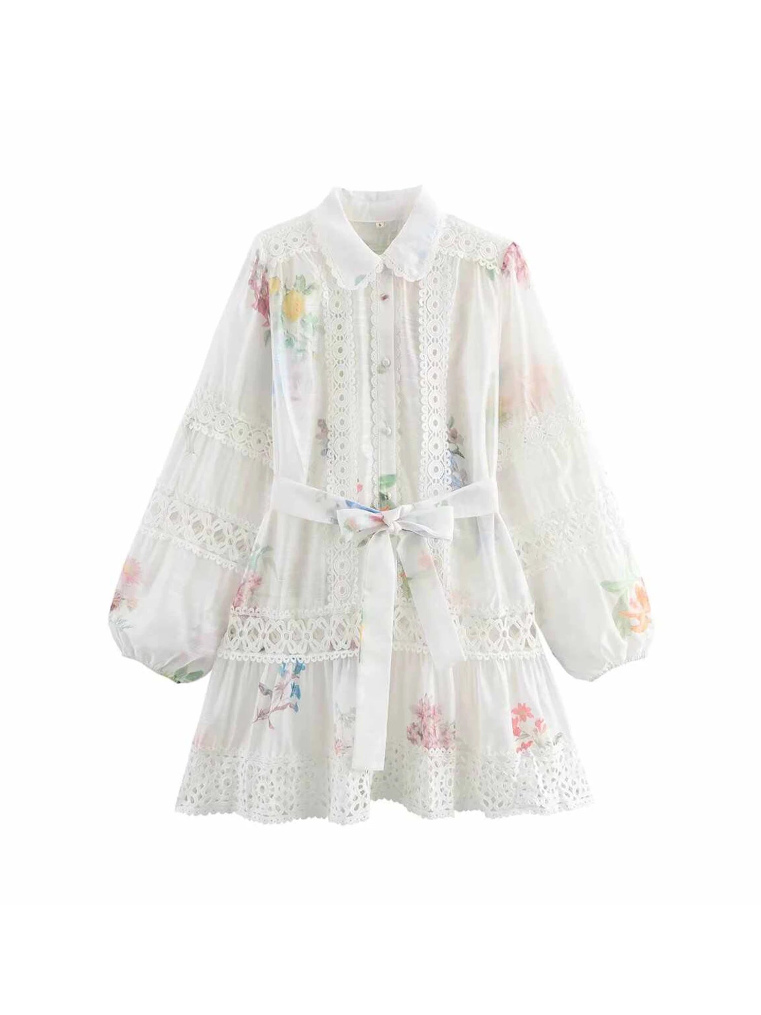 Women White Flower Print Dress Vintage Lace Patchwork Long Sleeve Evening Dress Y2k Birthday Party One Piece Frocks Clothes 2025