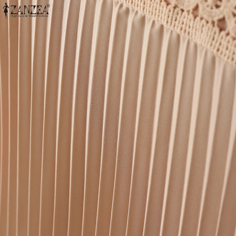 ZANZEA Elegant Summer Short Sleeve Pleated Party Sundress Fashion Women Lace Patchwork Dresses 2025 Stylish Work OL Vestidos