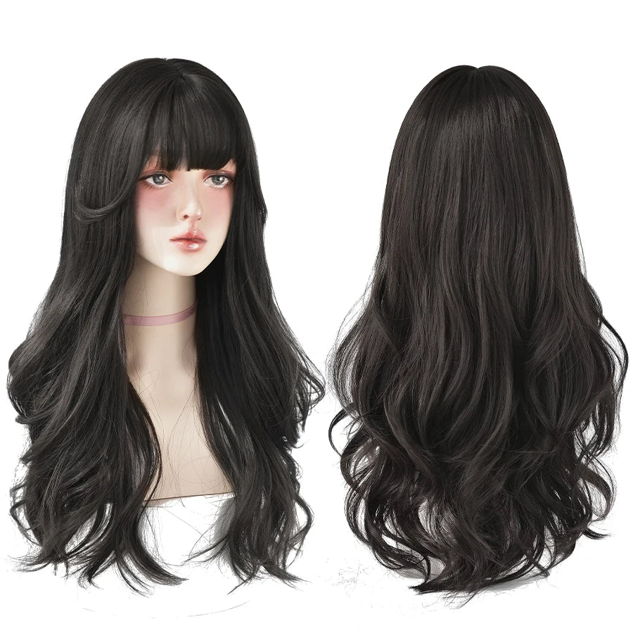 7JHH WIGS Popular Brown Ash Long Deep Wave Hair Lolita Wigs With Bangs Synthetic Wig For Women Fashion Thick Curls Wigs Girl