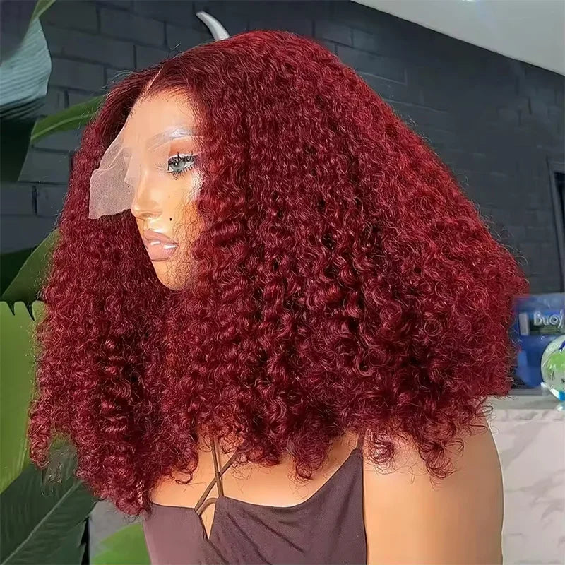 99J Colored Curly Deep Water Wave Lace Front Wig Burgundy Red Remy Short Cut Bob Frontal Human Hair Wigs Women Pre Plucked Wigs