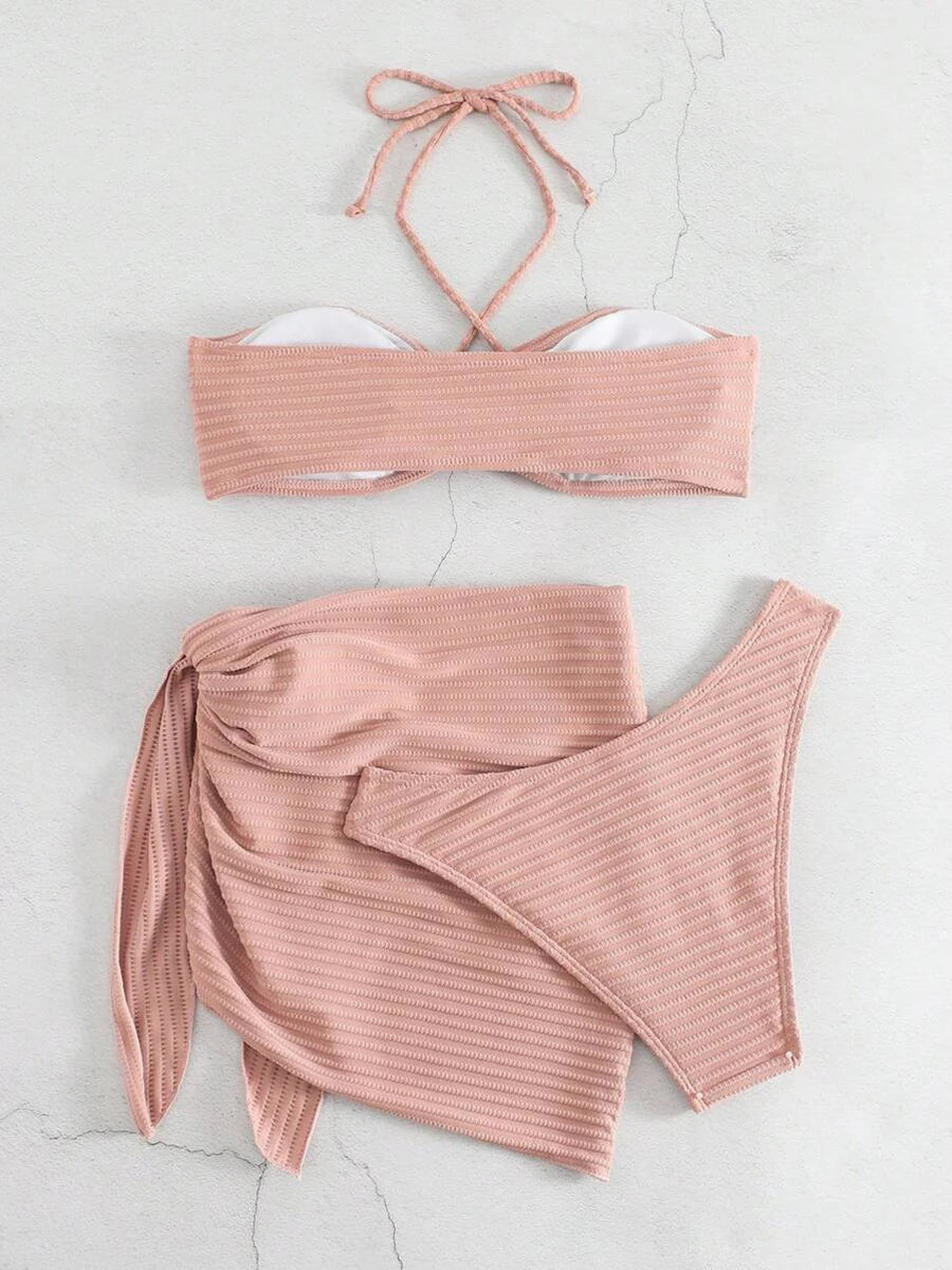 2025 Solid Halter String 3 Piece Bikini String Skirt Swimsuit Women Swimwear Female Bather Bathing Swimming Swim Suit Beachwear