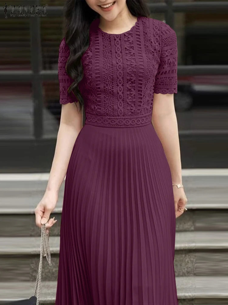 ZANZEA Elegant Summer Short Sleeve Pleated Party Sundress Fashion Women Lace Patchwork Dresses 2025 Stylish Work OL Vestidos