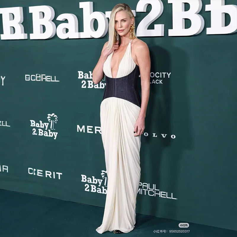 Celebrity Women's Photography Party Evening Gown Corset - style Top Backless Sexy Halter Neck Contrasting Color Long Dress