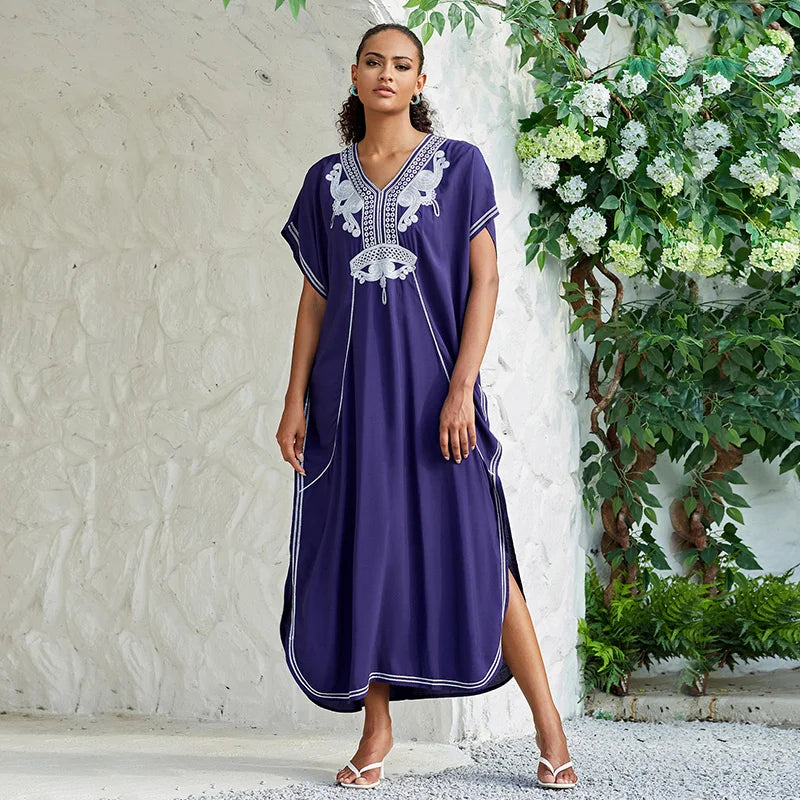 2024 Vintage Embroidery Kaftan Sexy V-neck Batwing Sleeve High Waist Maxi Dress Tunic Women Clothing Summer Beach Dresses Q660