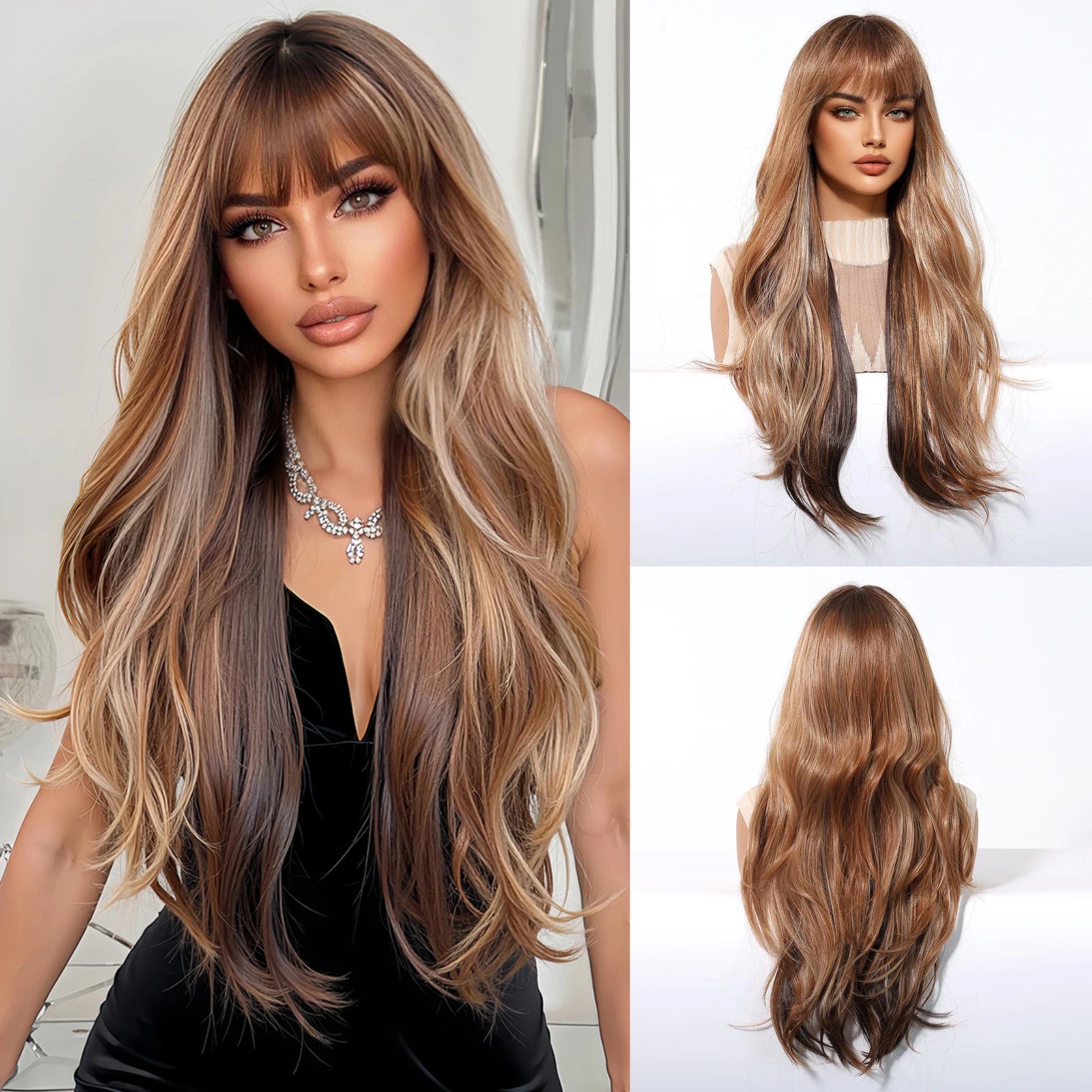 Honey Brown Highlight Layered Synthetic Wigs With Bangs Super Long Straight  Wig For Women Cosplay Natural Daily  Heat Resistant