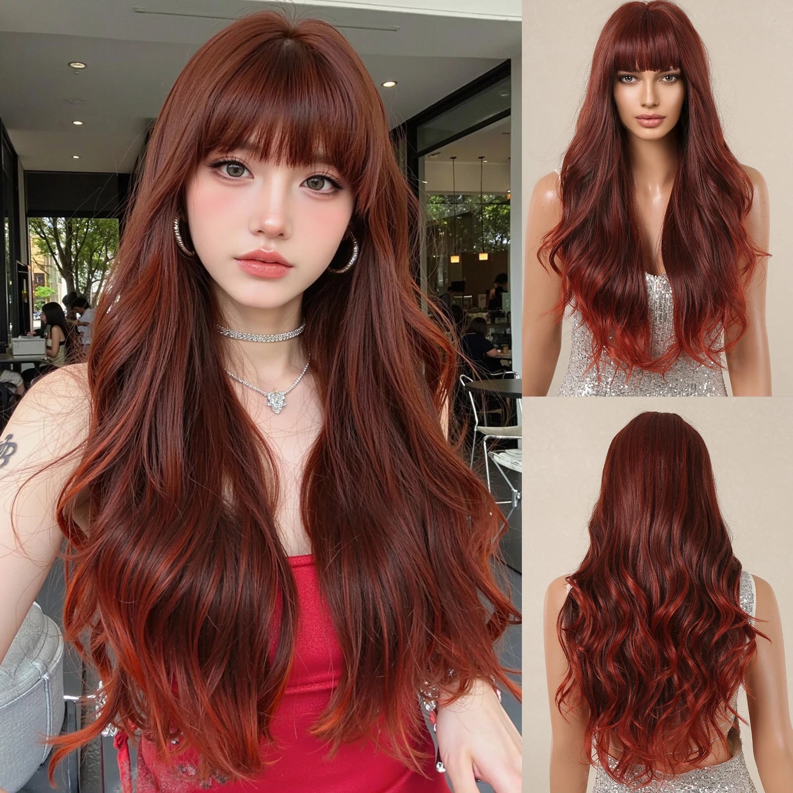 Honey Brown Highlight Layered Synthetic Wigs With Bangs Super Long Straight  Wig For Women Cosplay Natural Daily  Heat Resistant