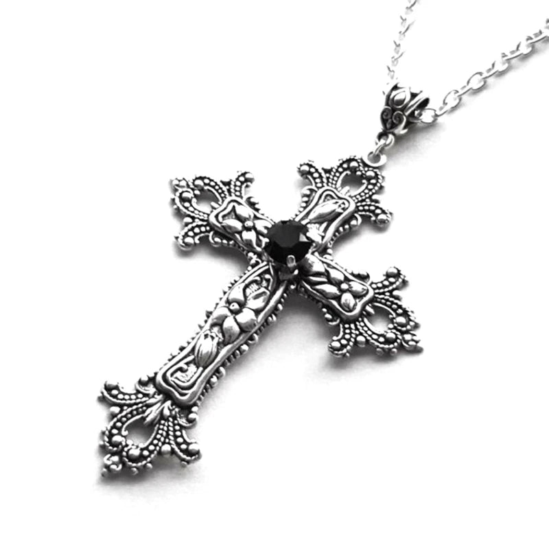 Large Detailed Cross Drill Pendant Necklace Silver Color Tone Gothic Punk Jewellery Fashion Charm Statement Women Gift