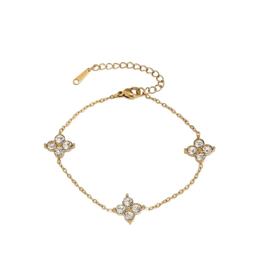 Lucky Four-Petal Flower Inlaid Rhinestone Stainless Steel Bracelet Necklace Earrings For Women Luxury Wedding Party Jewelry Sets