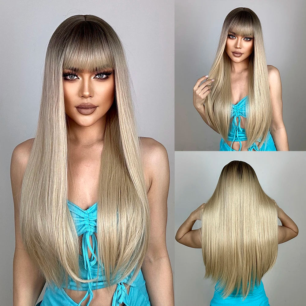 Blue with Grey Highlight Long Straight Synthetic Wigs with Bangs Cosplay Hairs Wig for Women Daily Natural Heat Resistant