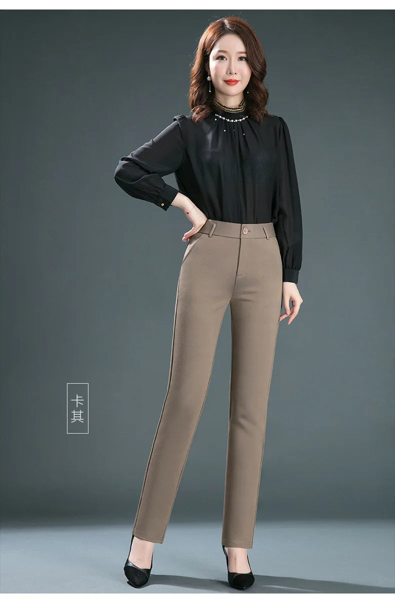 Stretch High Waist Trousers Women's Fashion Casual Pants Black Khaki Navy Blue Slacks Women Pantalones