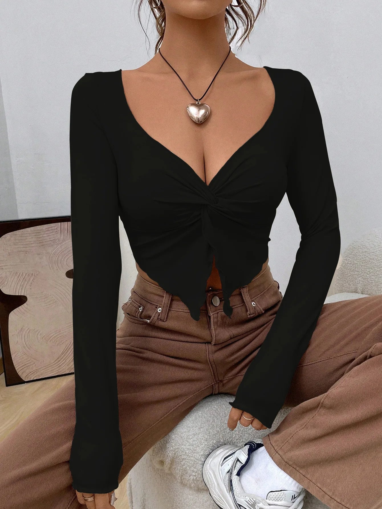 Fairyshely 2025 Autumn Winter V Neck Bodycon T-shirt Sexy Women Long Sleeve Bodycon Crop Top Lady Apricot Y2K Clud Short Tops