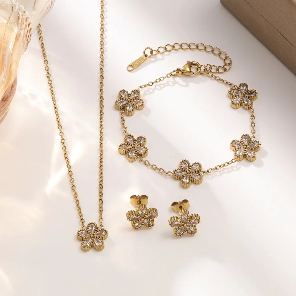 Lucky Four-Petal Flower Inlaid Rhinestone Stainless Steel Bracelet Necklace Earrings For Women Luxury Wedding Party Jewelry Sets