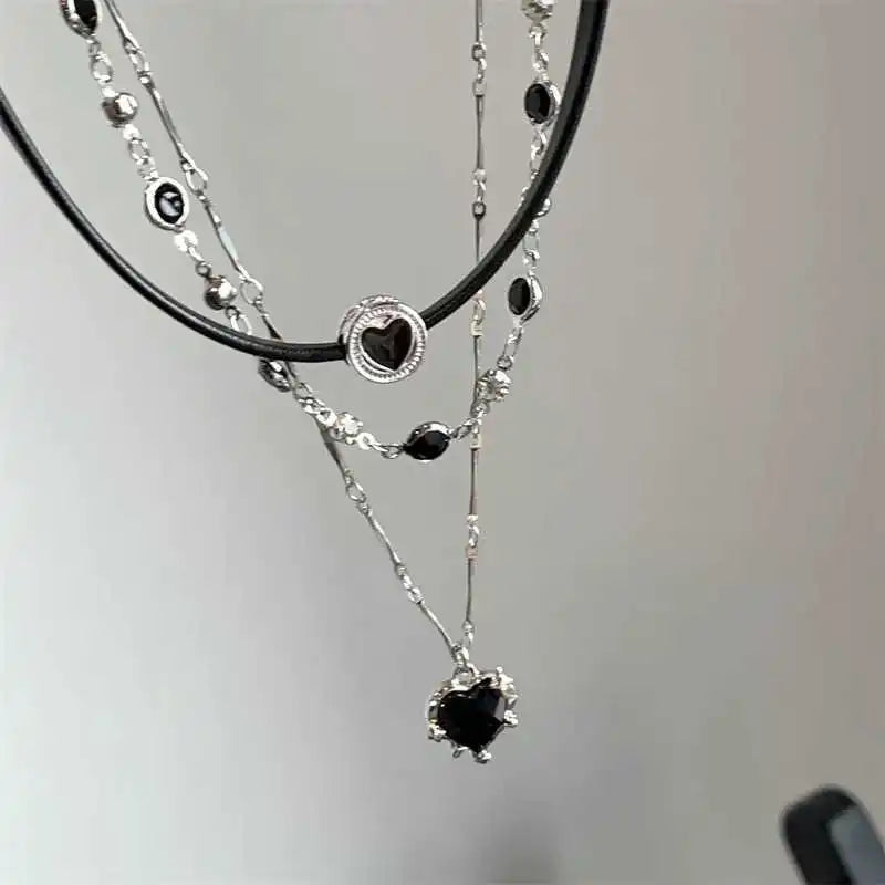 Gothic Y2K Multi Layer Black Peach Heart Pendant Choker Clavicle Chain Necklace For Women Girls Aesthetic Jewelry Accessories