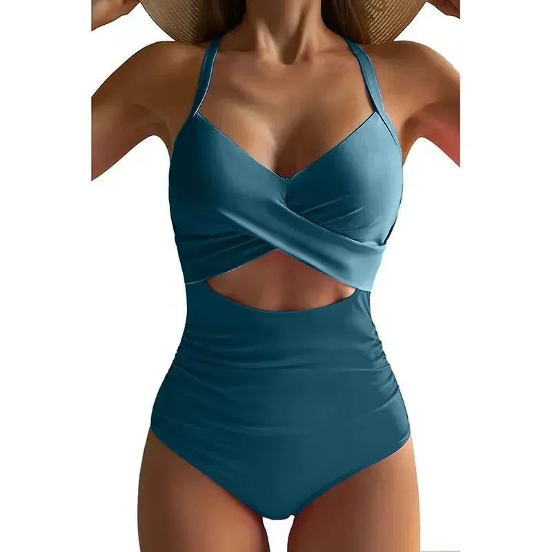 Sexy Hollow Cross Sling Swimwear Color Matching Backless Swimsuit One Piece Bikini Fashion Bathing Suits Swimming Suit For Women