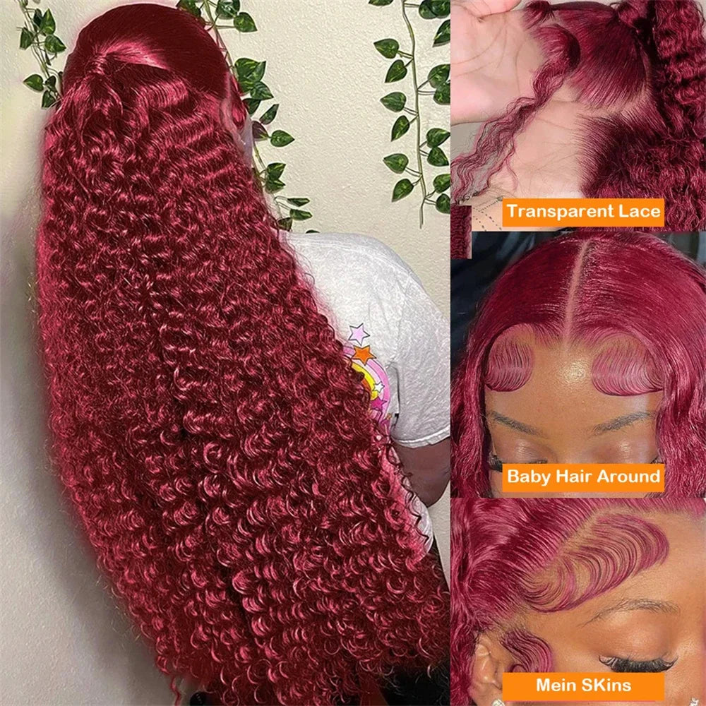 99J Burgundy 13x6 Hd Lace Frontal Human Hair Wig 30inch Red Colored Curly Wigs 13x4 Transparent Lace Water Deep Wave Frontal Wig
