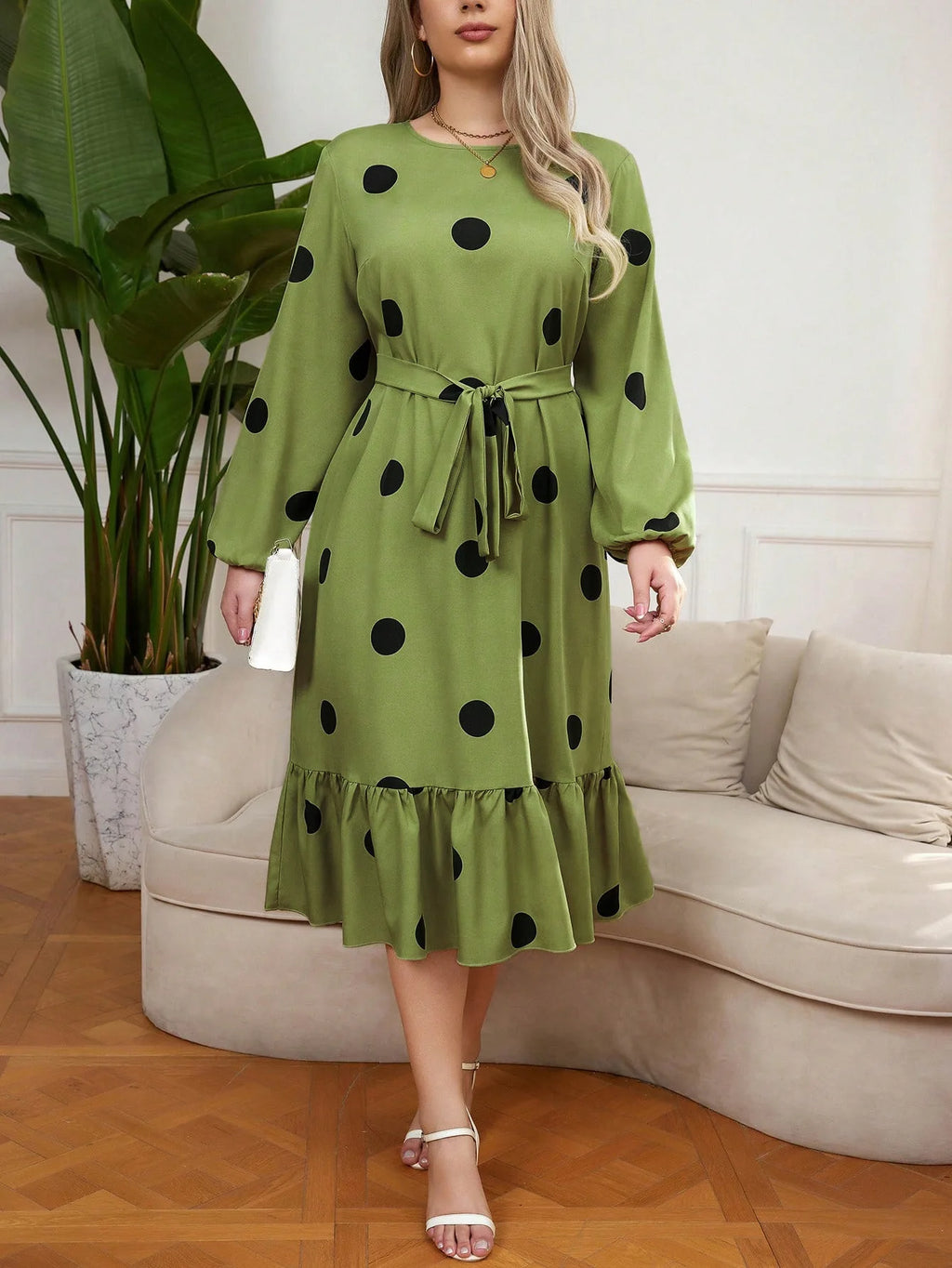 Vigojany 2025 Spring Ruffle Dot Print Plus Size Dress Autumn Long Sleeve Large Big Dress Casual O Neck Chubby Curvy Dresses