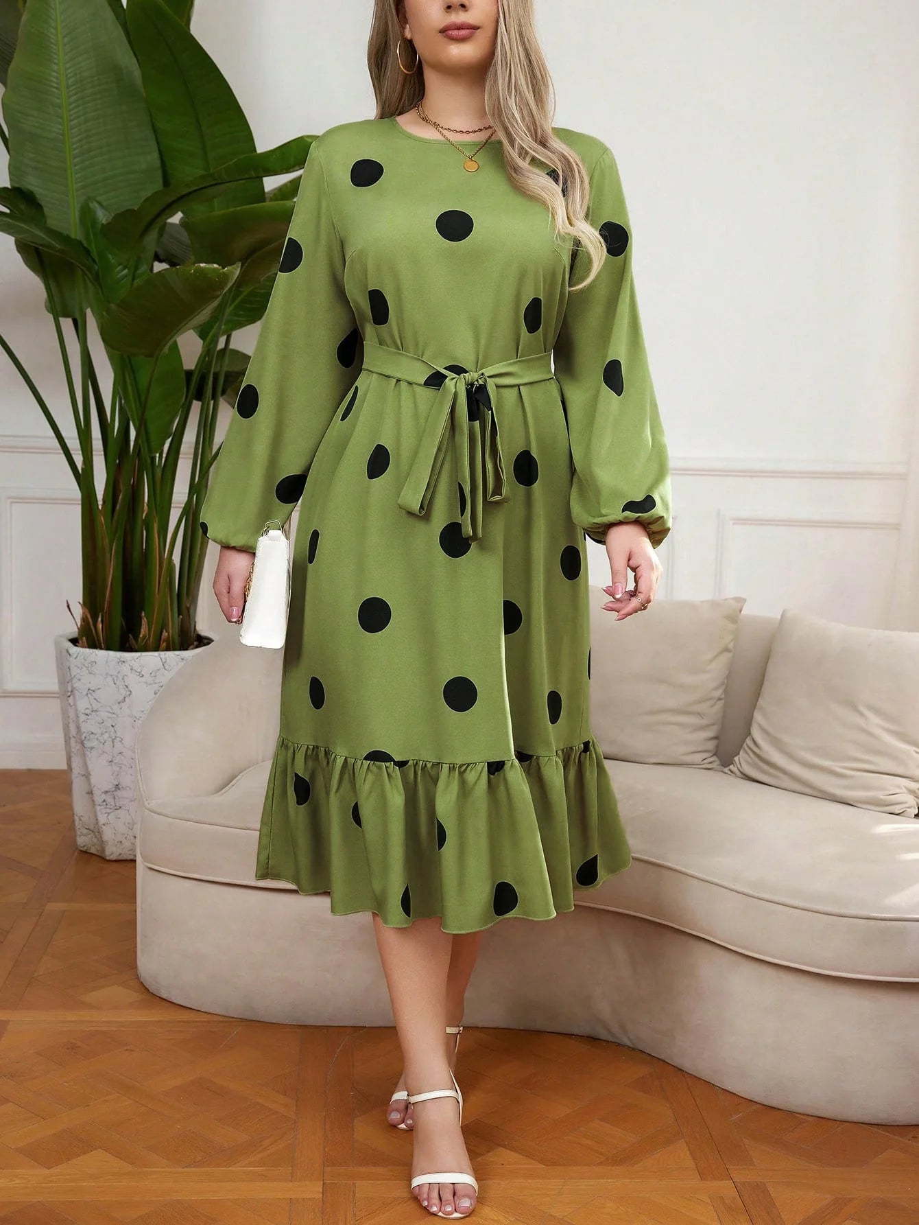 Vigojany 2025 Spring Ruffle Dot Print Plus Size Dress Autumn Long Sleeve Large Big Dress Casual O Neck Chubby Curvy Dresses