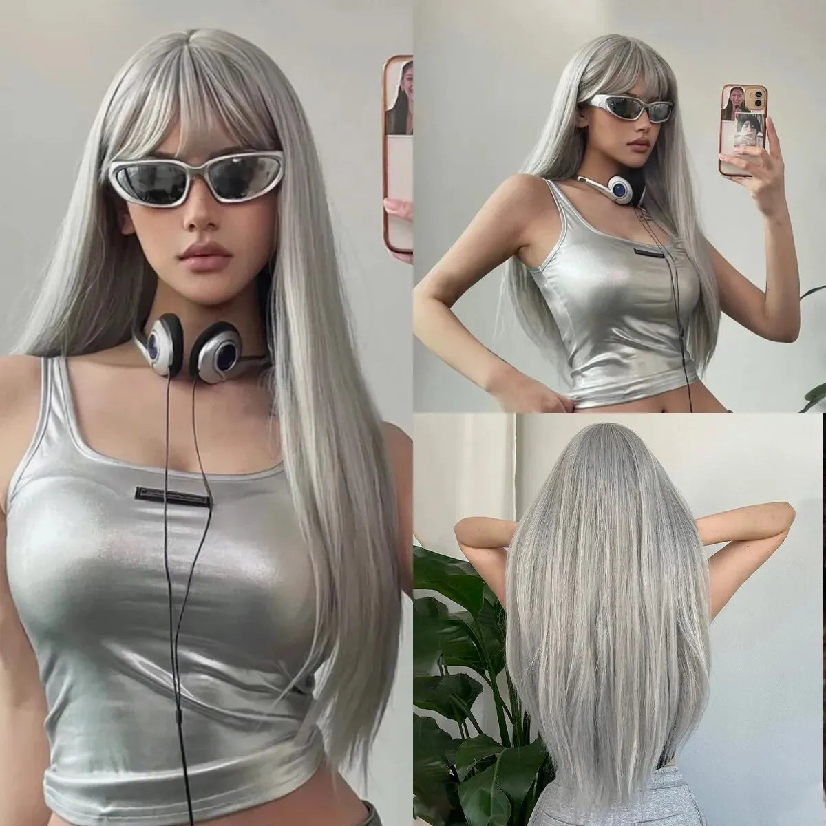 Blue with Grey Highlight Long Straight Synthetic Wigs with Bangs Cosplay Hairs Wig for Women Daily Natural Heat Resistant