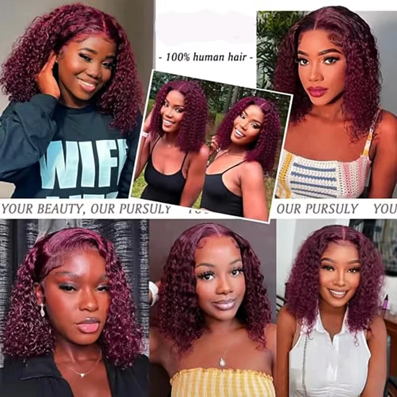 99J Colored Curly Deep Water Wave Lace Front Wig Burgundy Red Remy Short Cut Bob Frontal Human Hair Wigs Women Pre Plucked Wigs