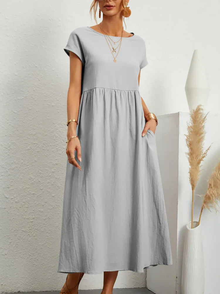 Women Vintage Solid Dress 2025 Summer Elegant O Neck Short Sleeve Cotton Linen Dresses Female Casual Loose Sundress Long Dress