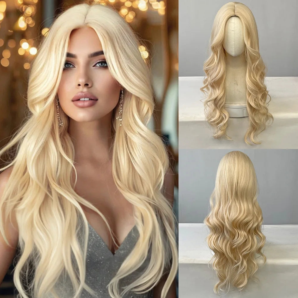 Blonde women's synthetic wig with large waves and long curly hair wig full head set Halloween cosplay daily dress wig
