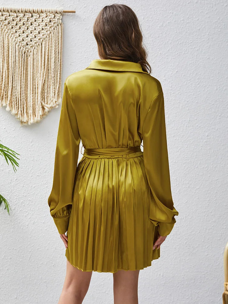 Elegant satin lapel waist cinching lace up long sleeved pleated dress spring/autumn womens fashion temperament solid short skirt