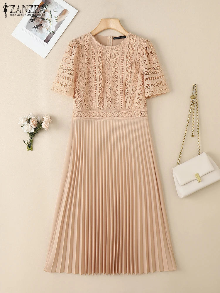 ZANZEA Elegant Summer Short Sleeve Pleated Party Sundress Fashion Women Lace Patchwork Dresses 2025 Stylish Work OL Vestidos