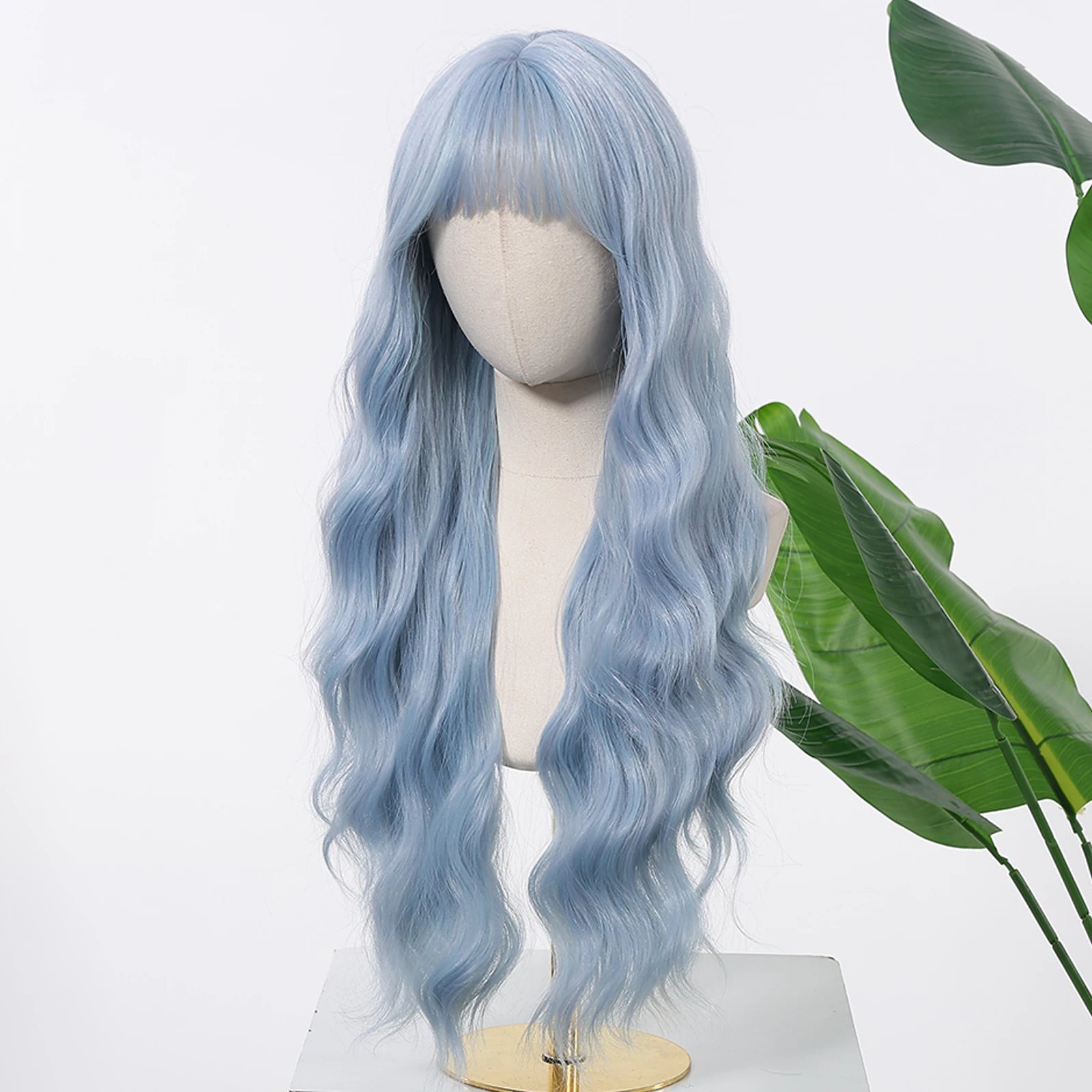 Allbell Magique Blue Hair Wig with Bangs Long Wavy Synthetic Wig Baby Blue Curly Wig for Women Daily Party Use Heat Resistant