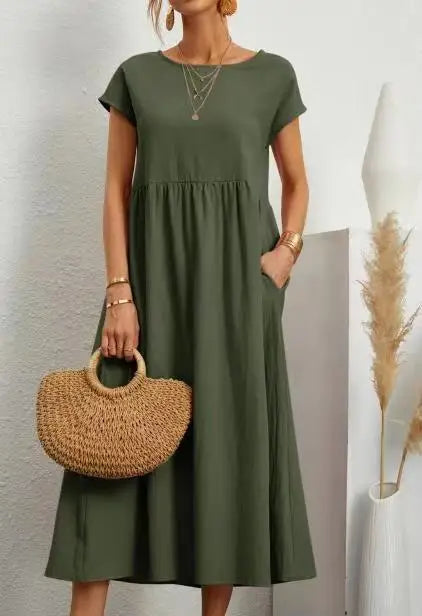 Women Vintage Solid Dress 2025 Summer Elegant O Neck Short Sleeve Cotton Linen Dresses Female Casual Loose Sundress Long Dress