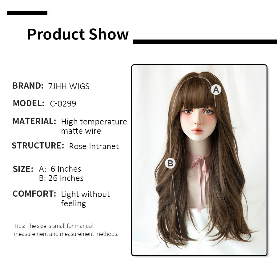 7JHH WIGS Popular Brown Ash Long Deep Wave Hair Lolita Wigs With Bangs Synthetic Wig For Women Fashion Thick Curls Wigs Girl