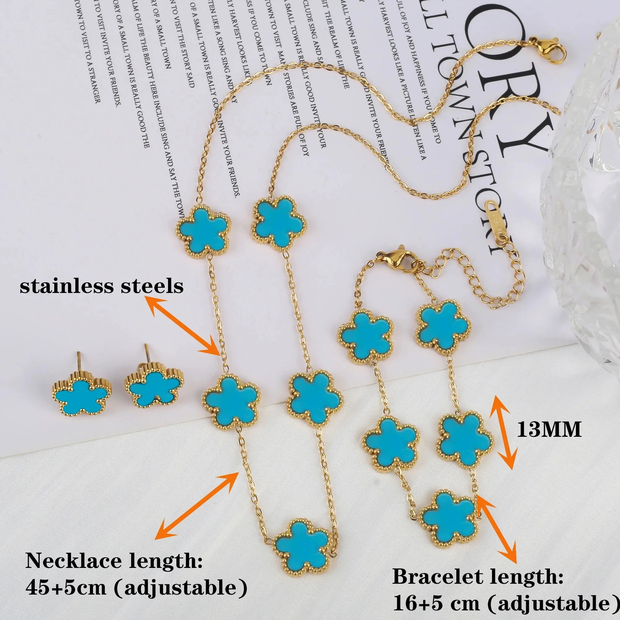 Hot Sale 3Pcs Stainless Steel 18k Gold-Plated Five-Leaf Flower Necklace Earrings Bracelet Jewelry Set For Woman Jewelry Clover
