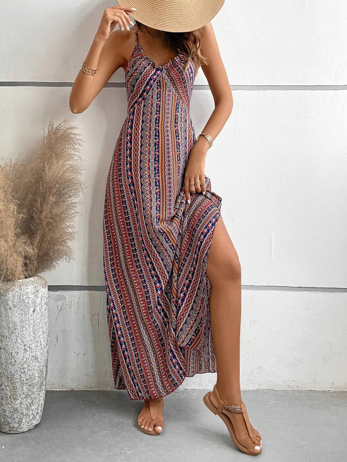 Women's Summer Ethnic Pattern Backless Split Thigh Dress Ladies Summer Clothes Boho Fashion Frill Trim Long Dress for Beach