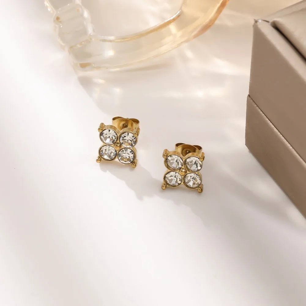 Lucky Four-Petal Flower Inlaid Rhinestone Stainless Steel Bracelet Necklace Earrings For Women Luxury Wedding Party Jewelry Sets