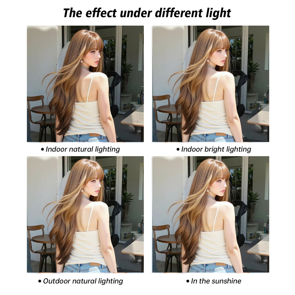 Honey Brown Highlight Layered Synthetic Wigs With Bangs Super Long Straight  Wig For Women Cosplay Natural Daily  Heat Resistant