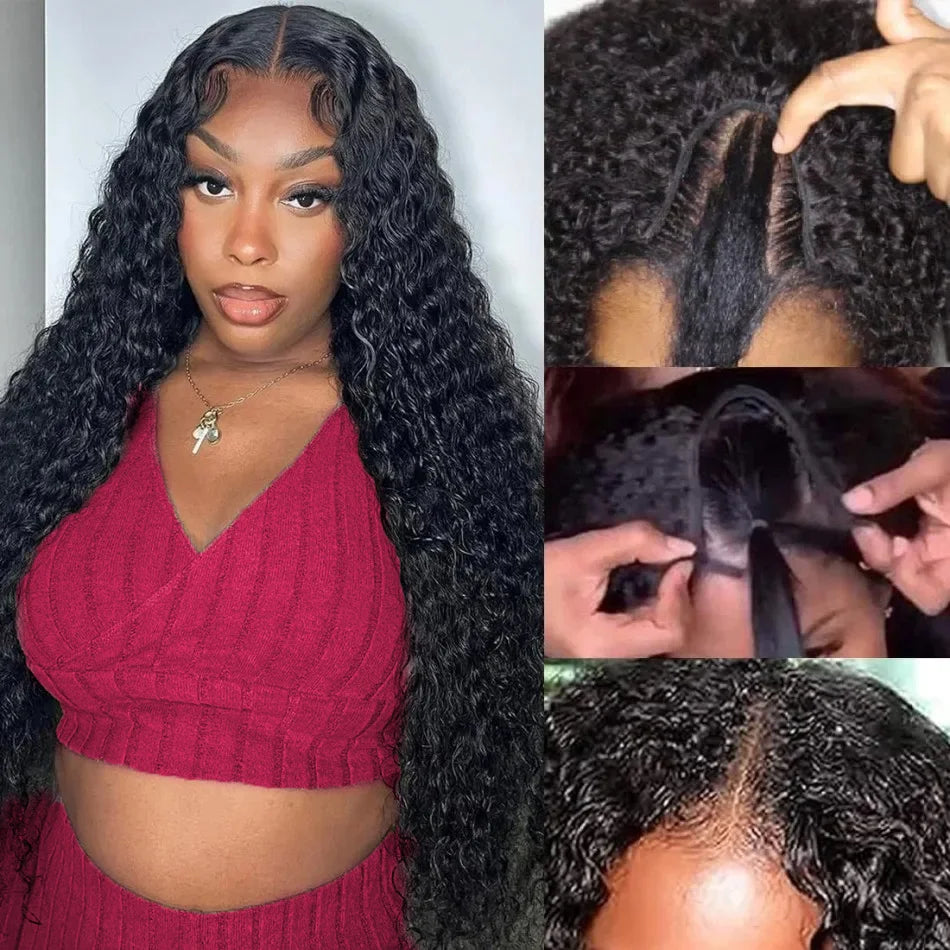 V Part Curly Wig Human Hair No Leave Out No Glue Brazilian Deep Curly Wave Human Hair Wigs for Women 220% Density