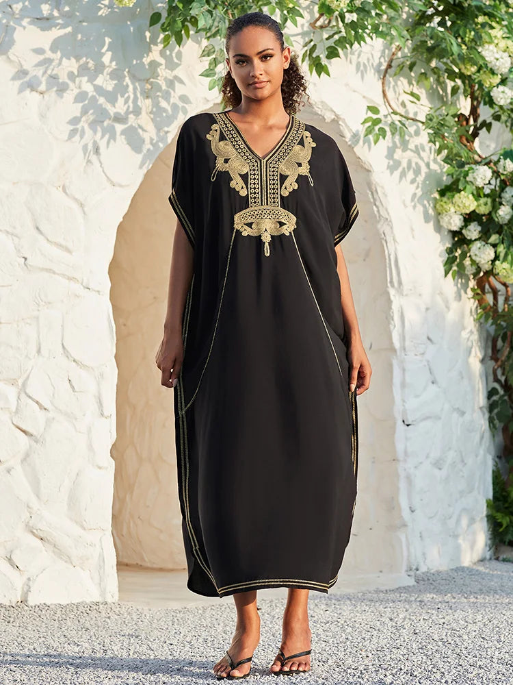 2024 Vintage Embroidery Kaftan Sexy V-neck Batwing Sleeve High Waist Maxi Dress Tunic Women Clothing Summer Beach Dresses Q660