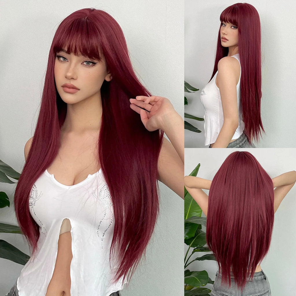 Blue with Grey Highlight Long Straight Synthetic Wigs with Bangs Cosplay Hairs Wig for Women Daily Natural Heat Resistant