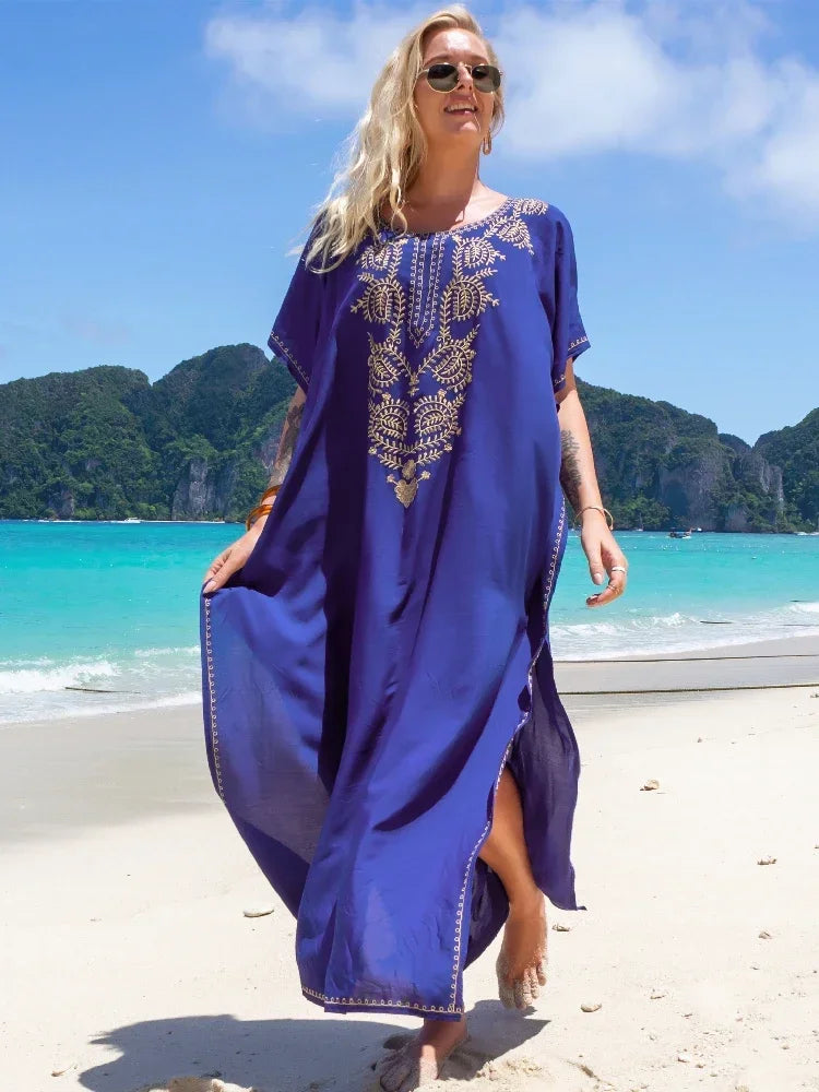 2024 Vintage Embroidery Kaftan Sexy V-neck Batwing Sleeve High Waist Maxi Dress Tunic Women Clothing Summer Beach Dresses Q660